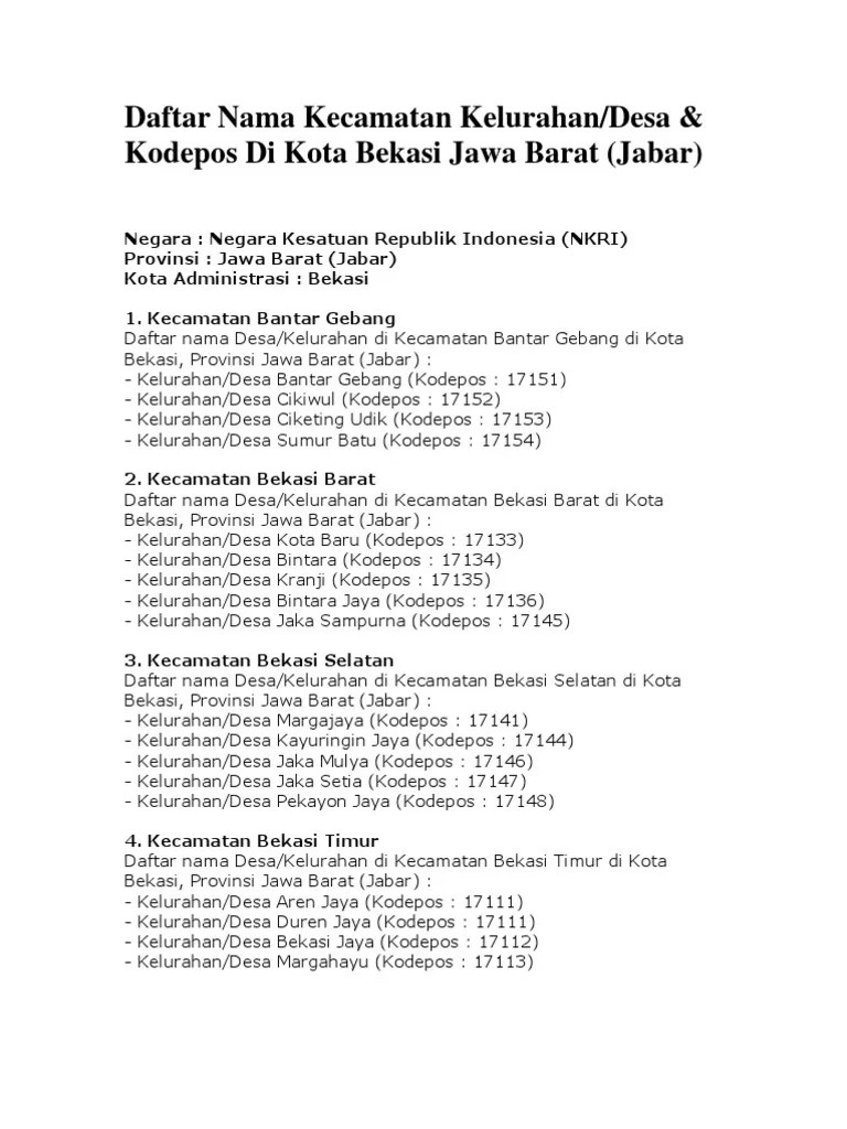 Daftar Kecamatan Di Bekasi | PDF