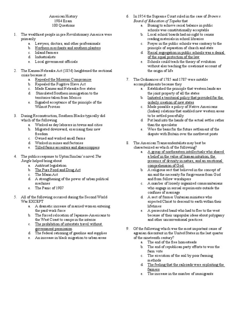 1984 AP Exam American History Answers | PDF | Slavery In The United ...