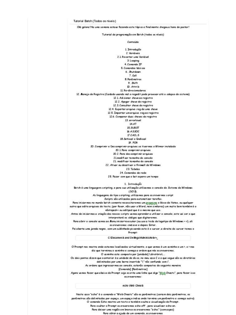 Tutorial Batch (Todos Os Niveis) PDF | PDF | Linguagem De Script ...