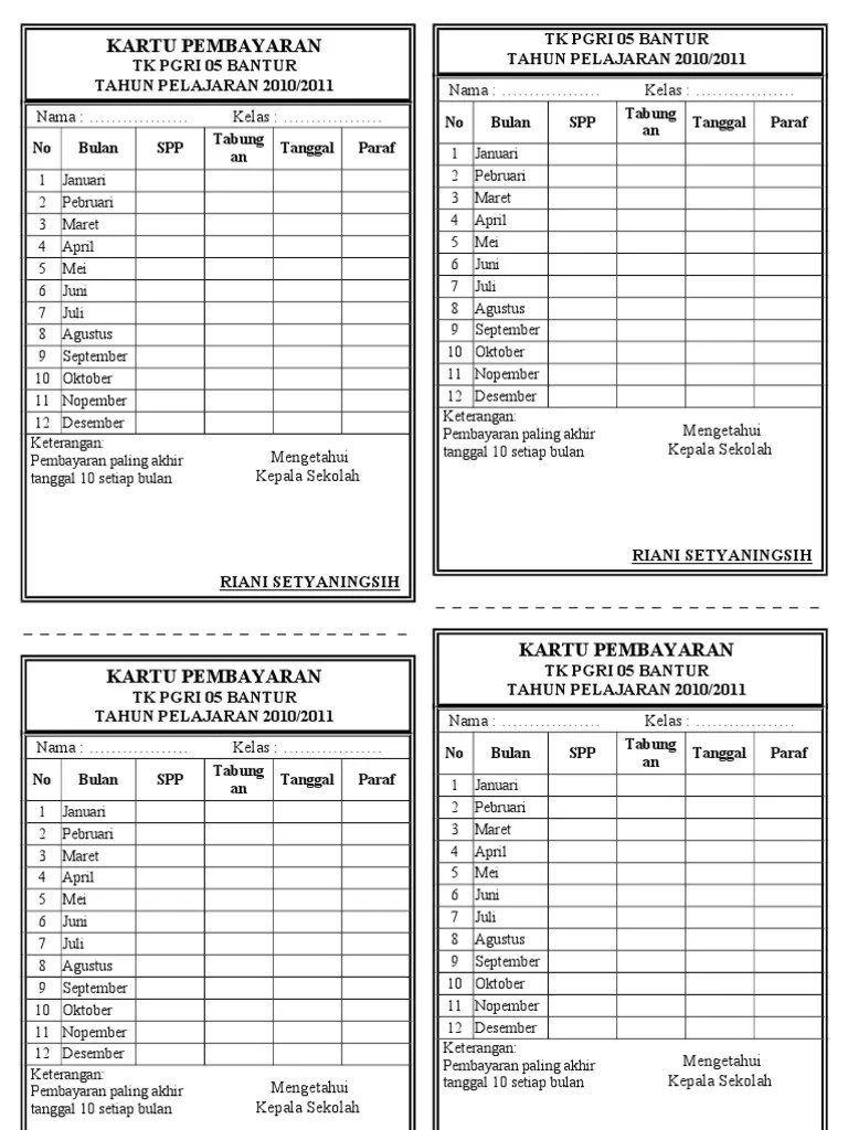 Bulan, tanggal, pembayaran spp, paraf penerima. Contoh Kartu Pembayaran Spp Tk Pdf