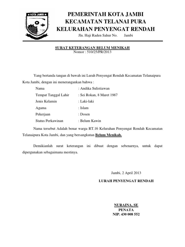 Pemerintah kota prabumulih kecamatan rambang kapak tengah desa sinar rambang jl. Contoh Surat Pernyataan Belum Menikah Dari Kelurahan