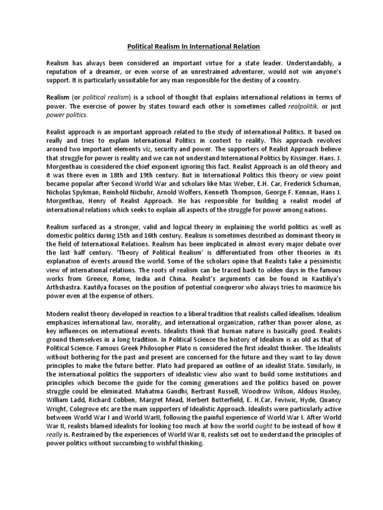 Political Realism In International Relation | PDF | Philosophical Realism | International Relations