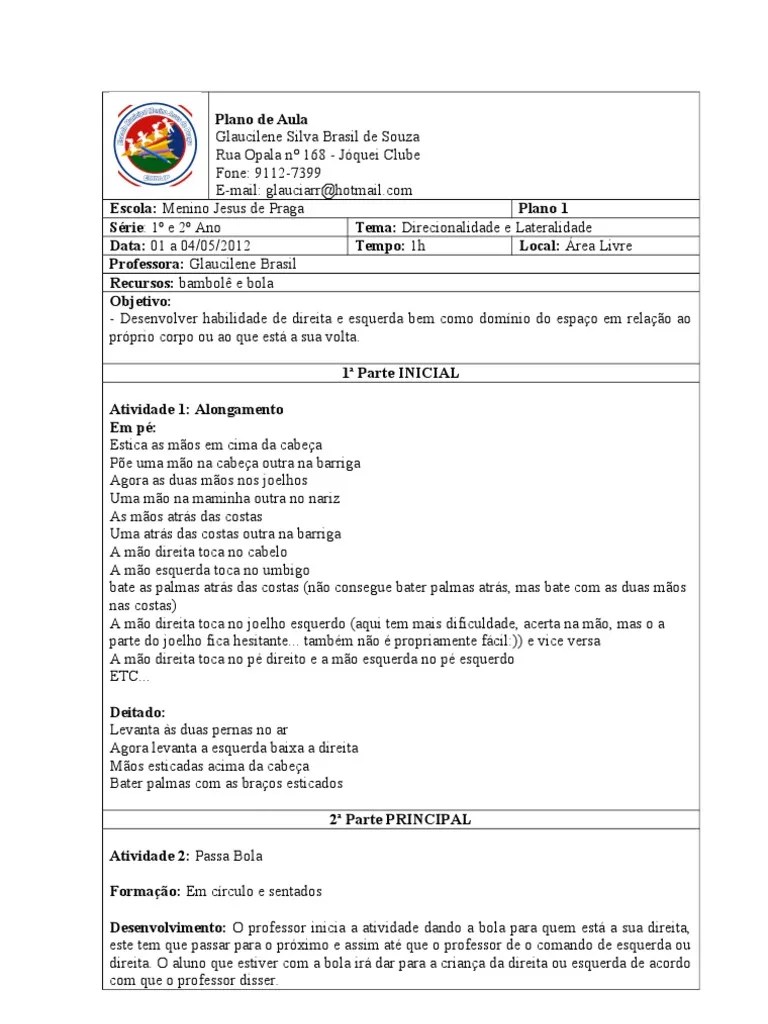 Plano De Aula Sobre Direcionalidade E Lateralidade Para Alunos Do 1o E ...