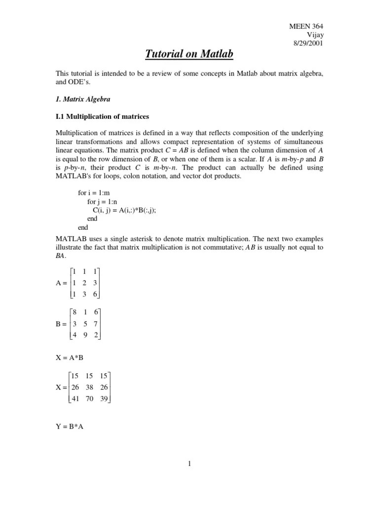 Tutorial On Matlab: 1. Matrix Algebra | PDF | Eigenvalues And ...