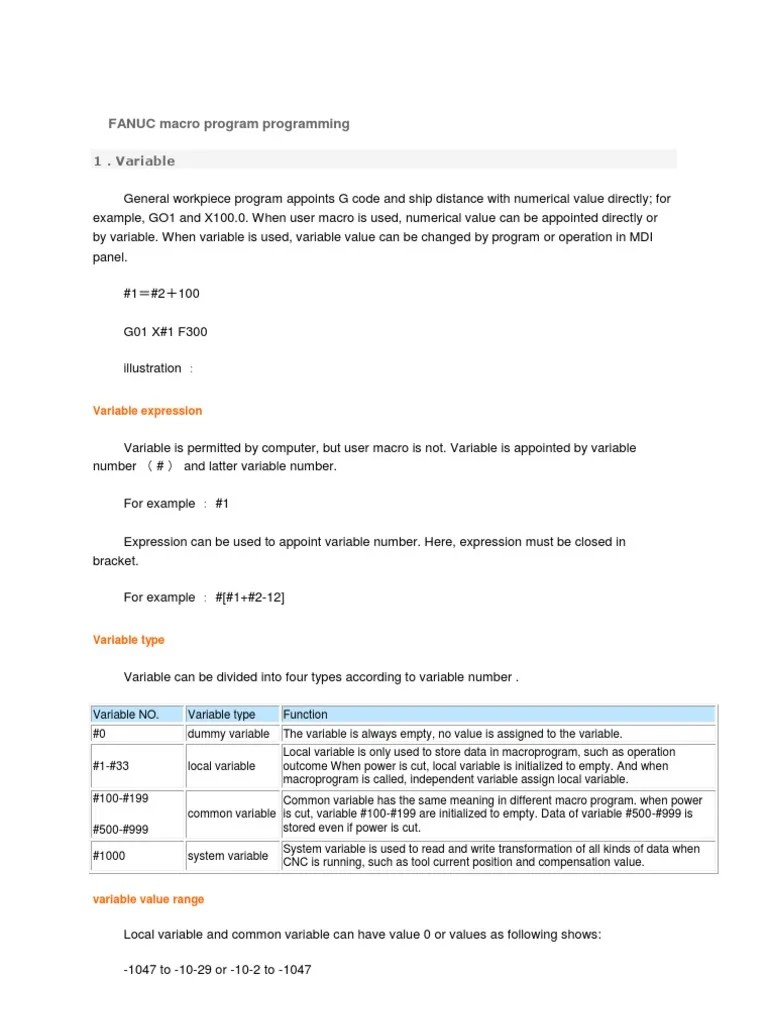 FANUC Macro Program Programming | PDF | Variable (Computer Science) | Mathematical Concepts