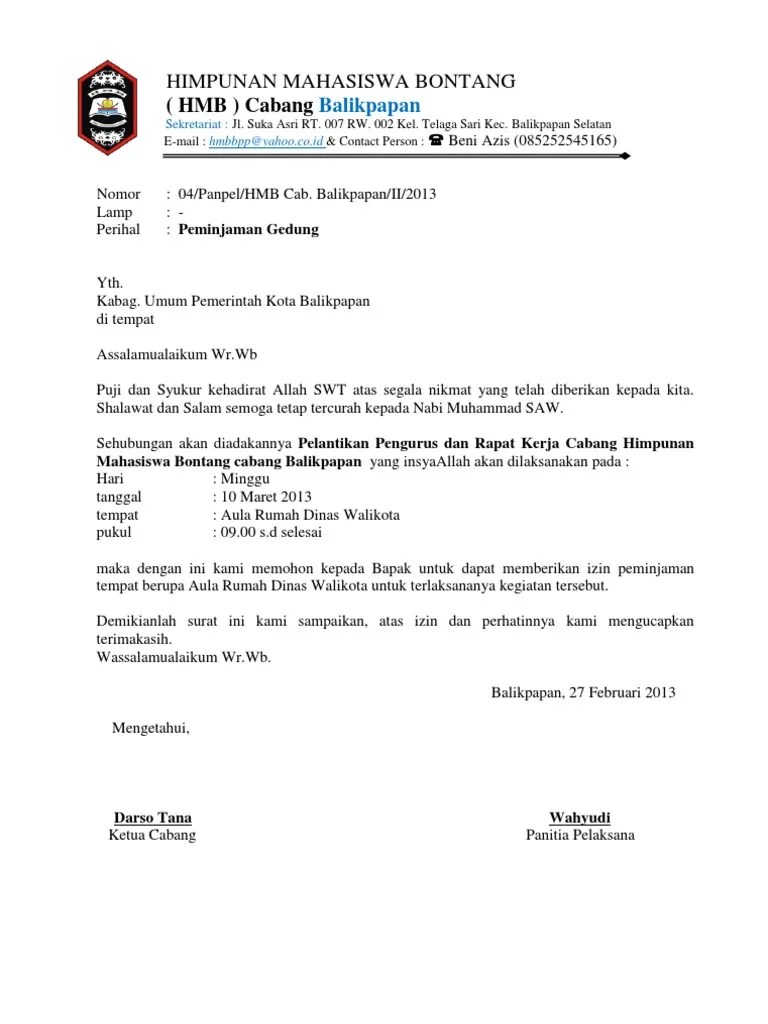 Contoh surat izin resmi peminjaman tempat picture put up ang uploaded by admin that. Surat Peminjaman Gedung Dinas