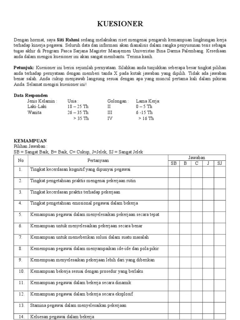 Sumber data primer berupa skor jawaban kuesioner budaya kerja dan kinerja karyawan. Kuesioner Lingkungan Kerja Pdf