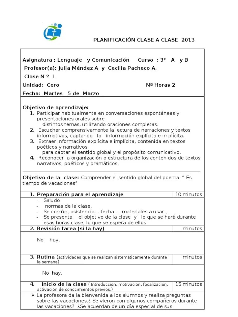 PLANIFICACION CLASE A CLASE De Lenguaje 3° Basico Clase 1-1 768687 | PDF | Lectura (proceso ...