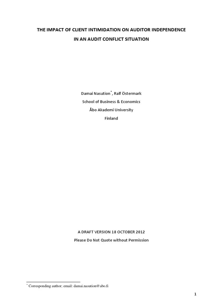 The Impact Of Client Intimidation On Auditor Independence In An Audit Conflict Situation | PDF ...