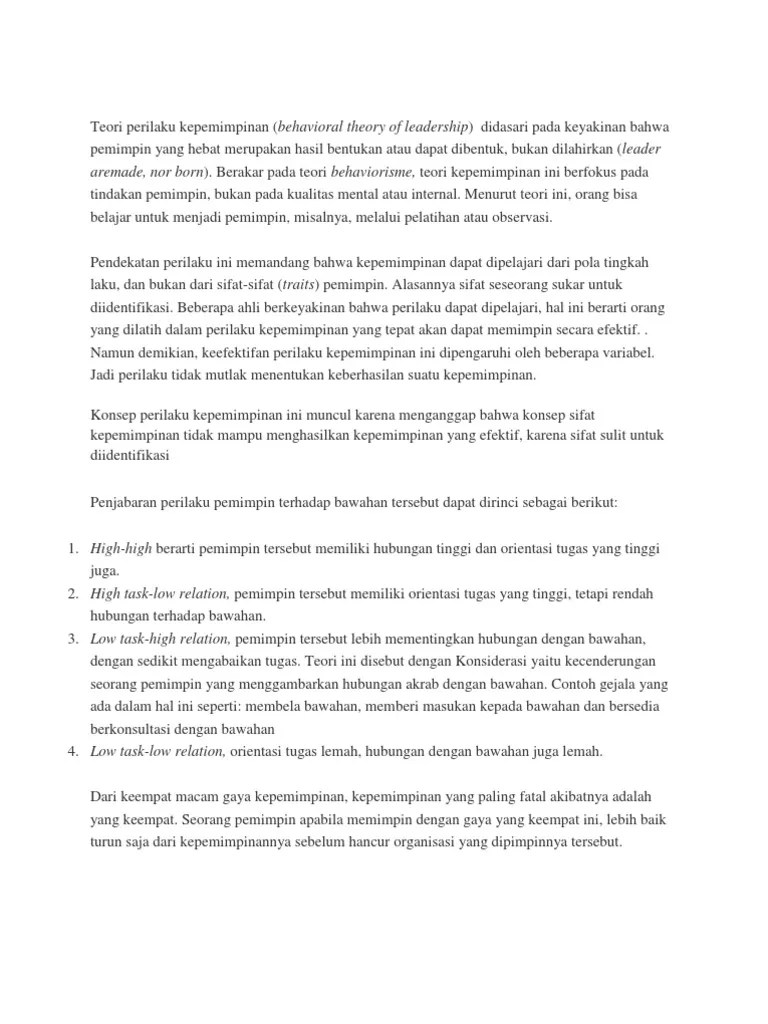 Teori Perilaku Kepemimpinan | PDF