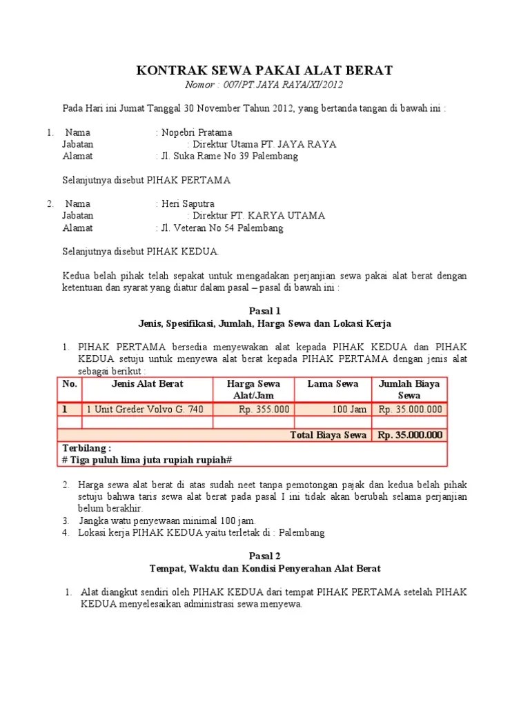 Pihak pertama menyatakan menerima pihak kedua sebagai karyawan kontrak 2. Kontrak Sewa Pakai Alat Berat Pdf