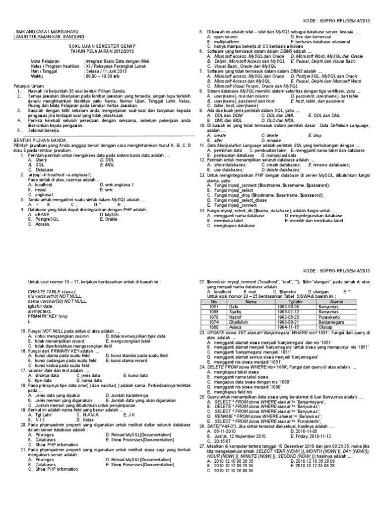 Kumpulan Soal Pilihan Ganda Dan Kunci Jawaban Manajemen Basis Data Tentang Database Structure Berbagiruang Contoh Soal Announcement Pilihan Ganda Dan JawabannyaUmumnya contoh soal lagu itu kita harus mencari sendiri jawabannya tetapi kesempatan ini disajikan kumpulan soal lagu beserta jawabannya sebagi media latihan belajara bahasa Inggris baik kelas 10 11 atau 12.