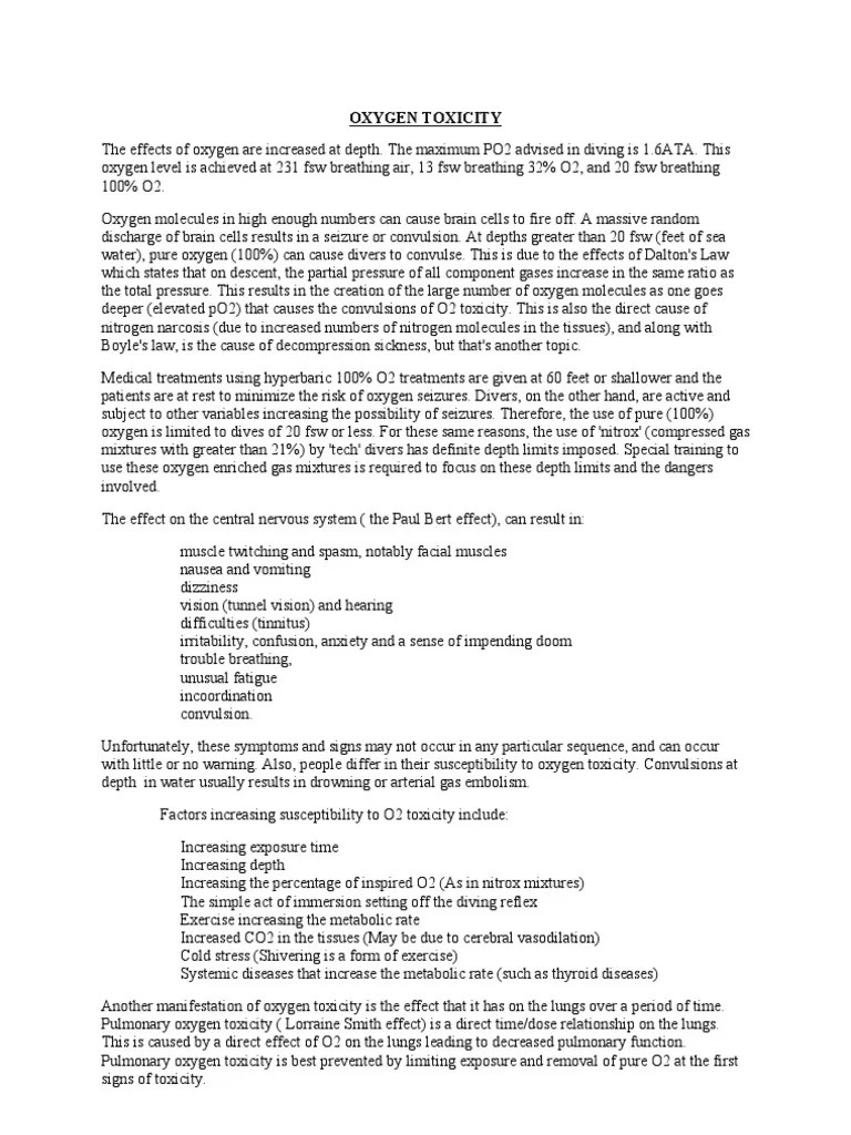 Oxygen Toxicity Signs And Symtoms | PDF | Scuba Diving | Oxygen
