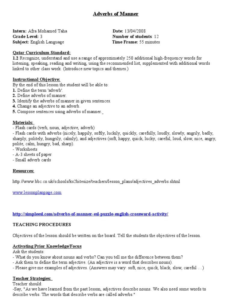 An adverb is a word that describes a verb. Adverbs Of Manner Lesson Plan Pdf Adverb Verb