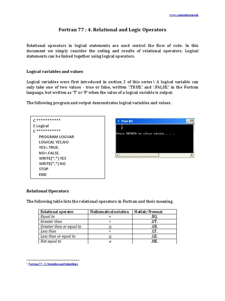 Fortran 77 Relational And Logic Operators | PDF | C (Programming ...