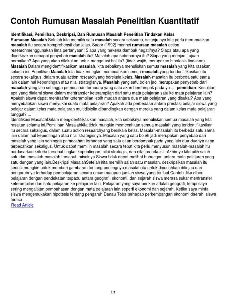 Contoh Rumusan Masalah Penelitian Kuantitatif | PDF