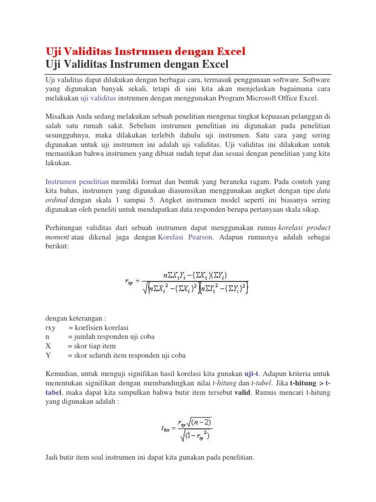 Lalu untuk korelasi x2 dengan y dan x1 dengan x2, rumus excel yang . Uji Validitas Instrumen Dengan Excel Pdf