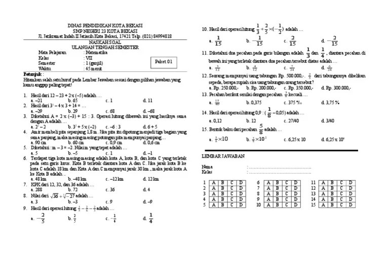 Soal uts matematika sd kelas 3 semester 2. Soal Uts I Matematika Kelas 7