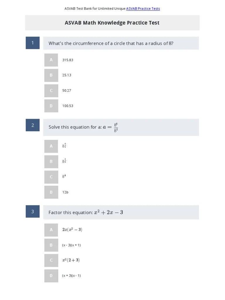 ASVAB Math Knowledge Practice Test 1 | PDF