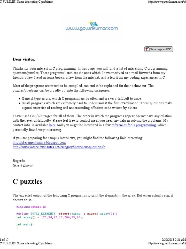 C PUZZLES, Some Interesting C Problems | PDF | Computer Programming ...