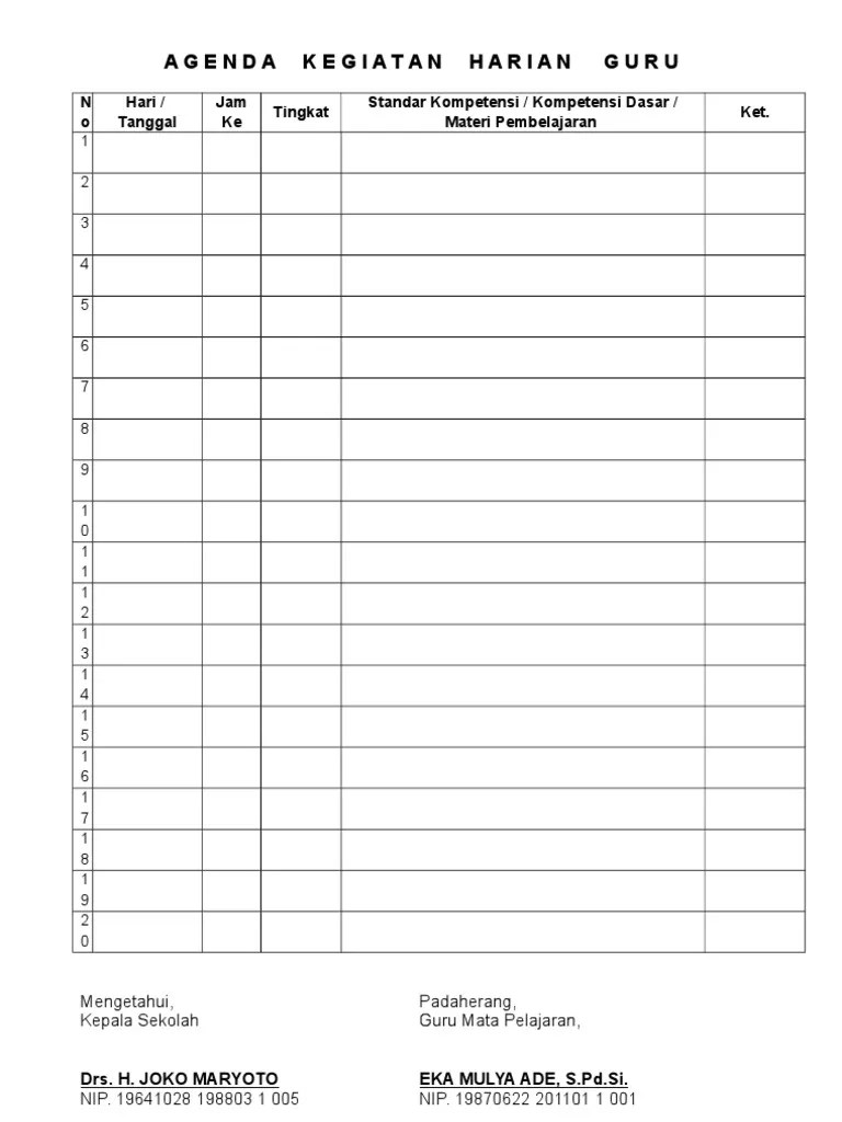 Contoh Buku Agenda Guru Smp