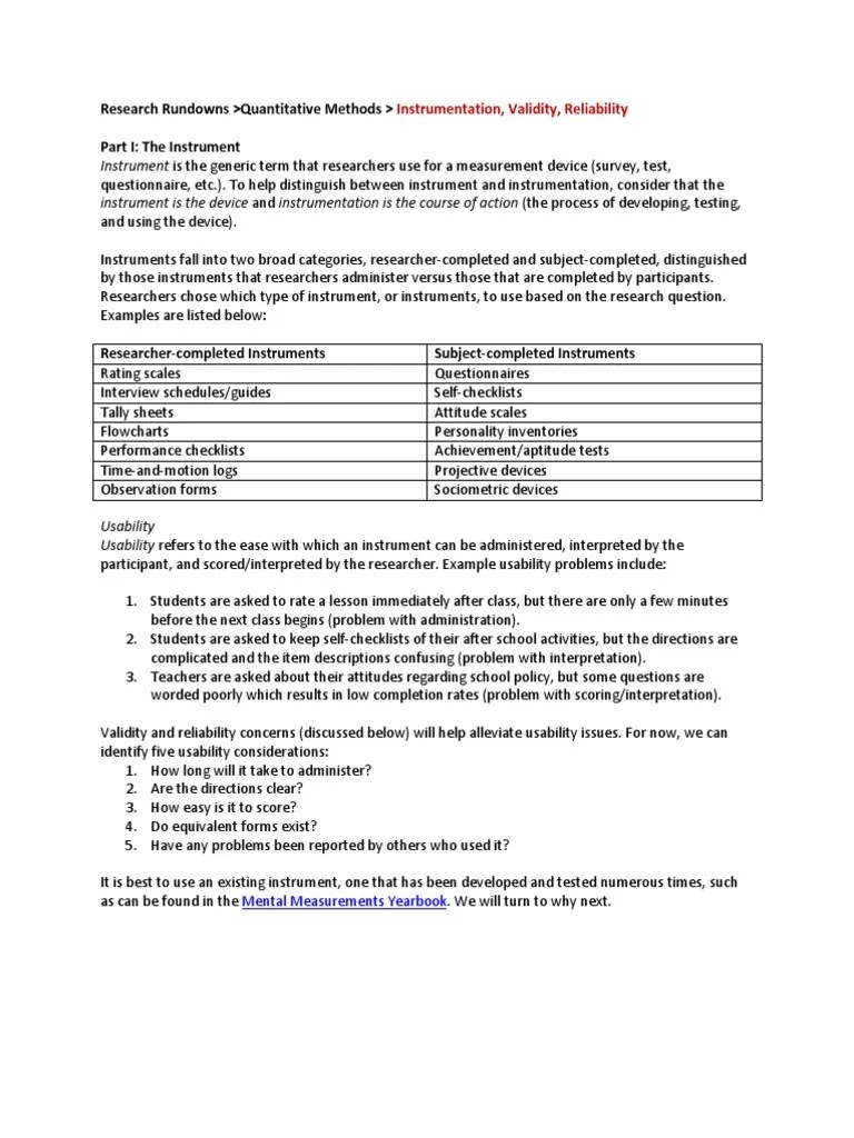 Instrument Validity And Reliability In Research | PDF | Validity (Statistics) | Usability