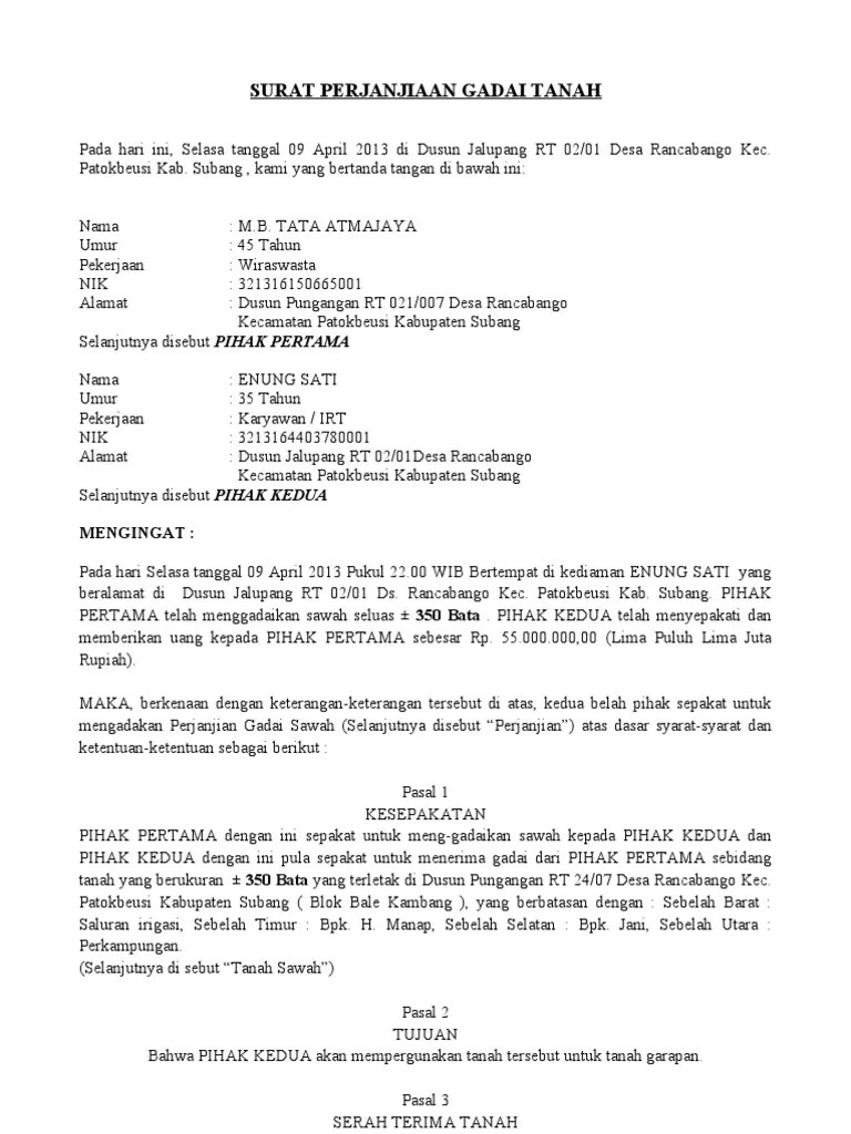 Perjanjian gadai tanah lengkap / contoh surat perjanjian gadai. Contoh Surat Gadai Tanah Pdf