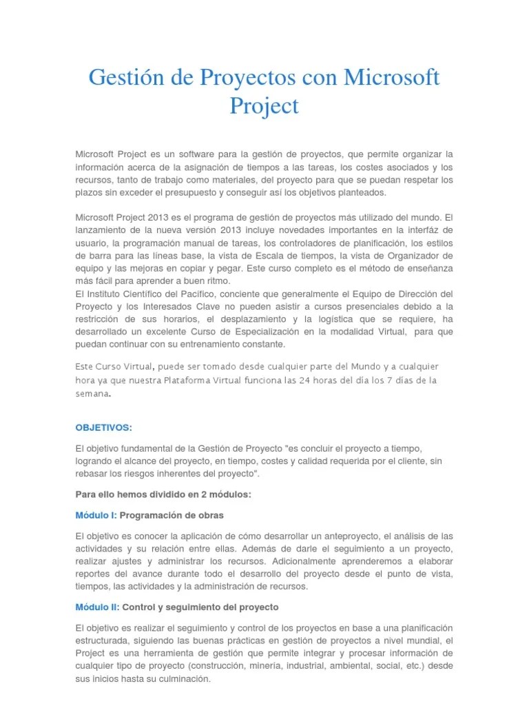 Gestión De Proyectos Con Microsoft Project | Descargar Gratis PDF ...