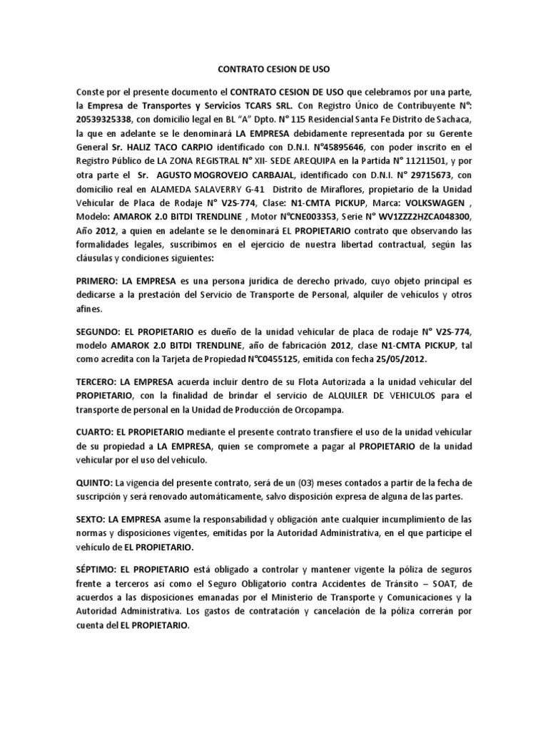 Contrato Cesion De Uso | PDF | Propiedad | Póliza De Seguros
