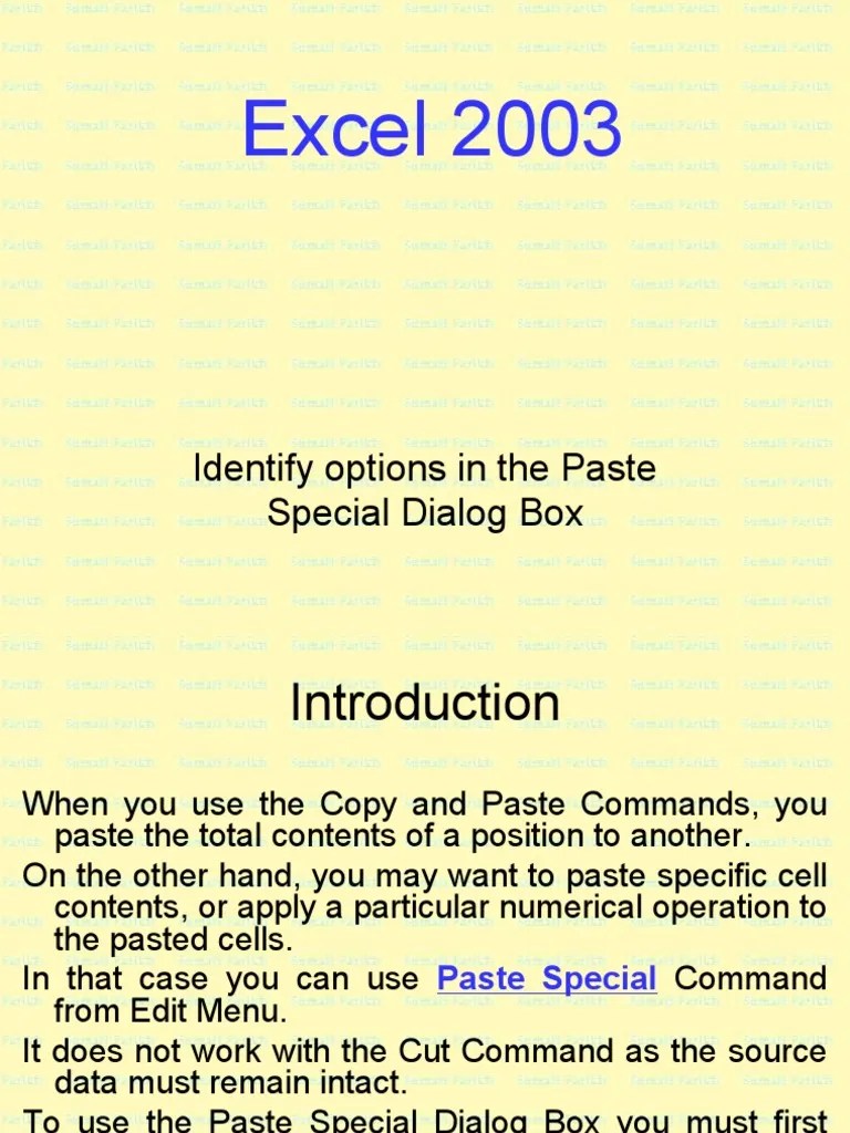 Excel 2003 Paste Special Dialog Box | PDF | Microsoft Excel | Menu ...