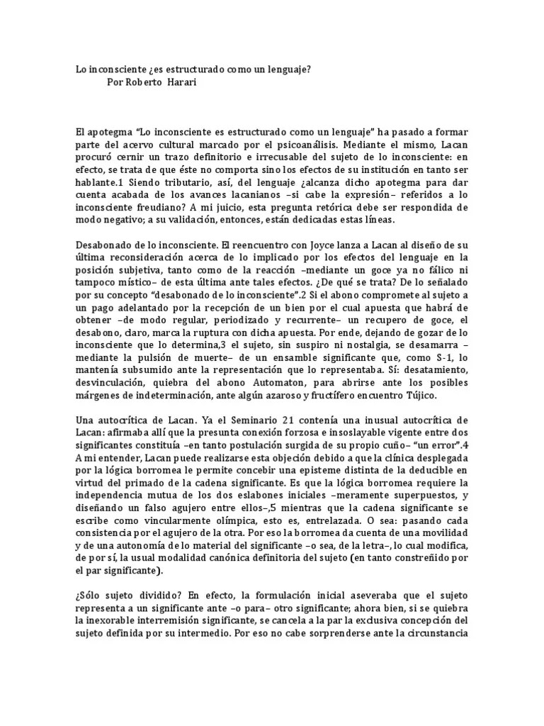 Harari Lo Inconsciente ¿Es Estructurado Como Un Lenguaje | PDF | Jacques Lacan | Mente Inconsciente