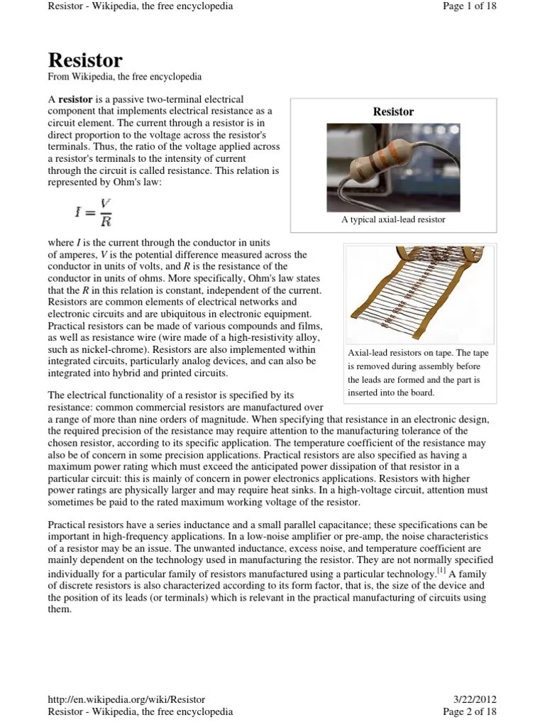 Resistor Wikipedia Resistor Electrical Resistance And