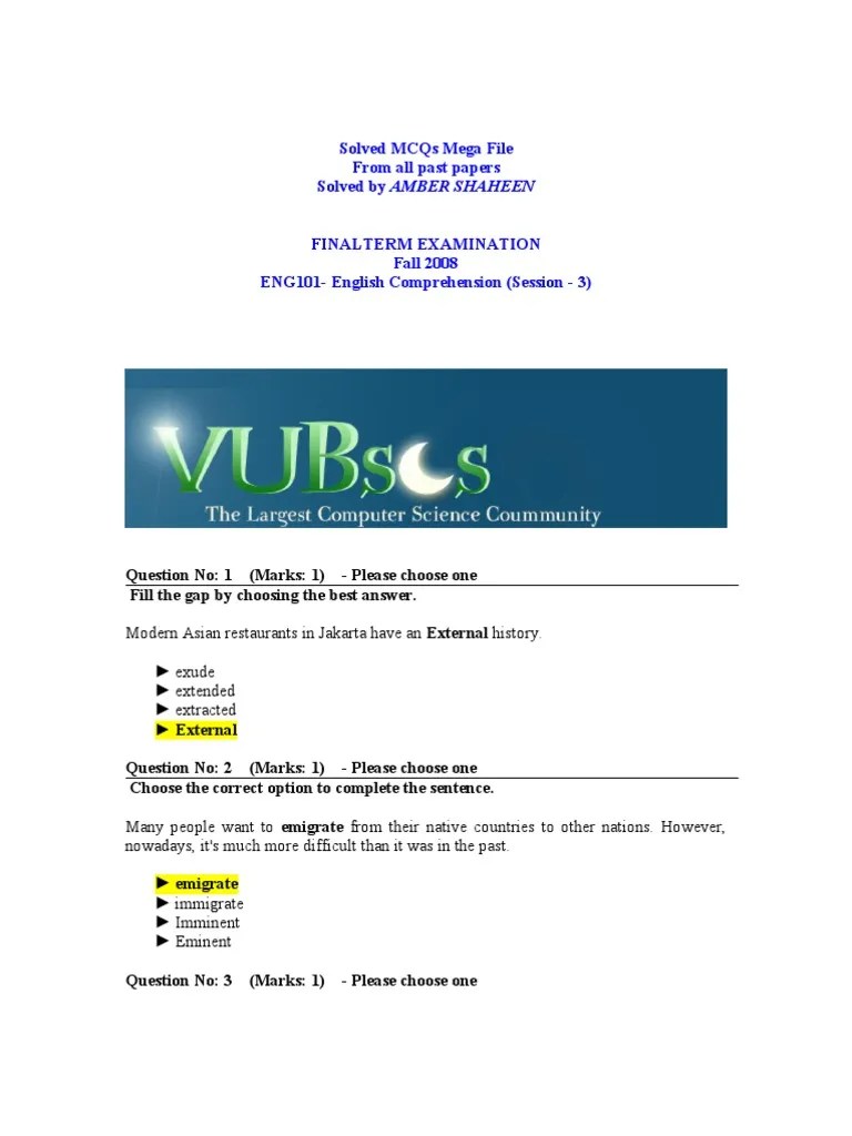 ENG101 Solved MCQs Mega File | PDF | Adjective | Style (Fiction)
