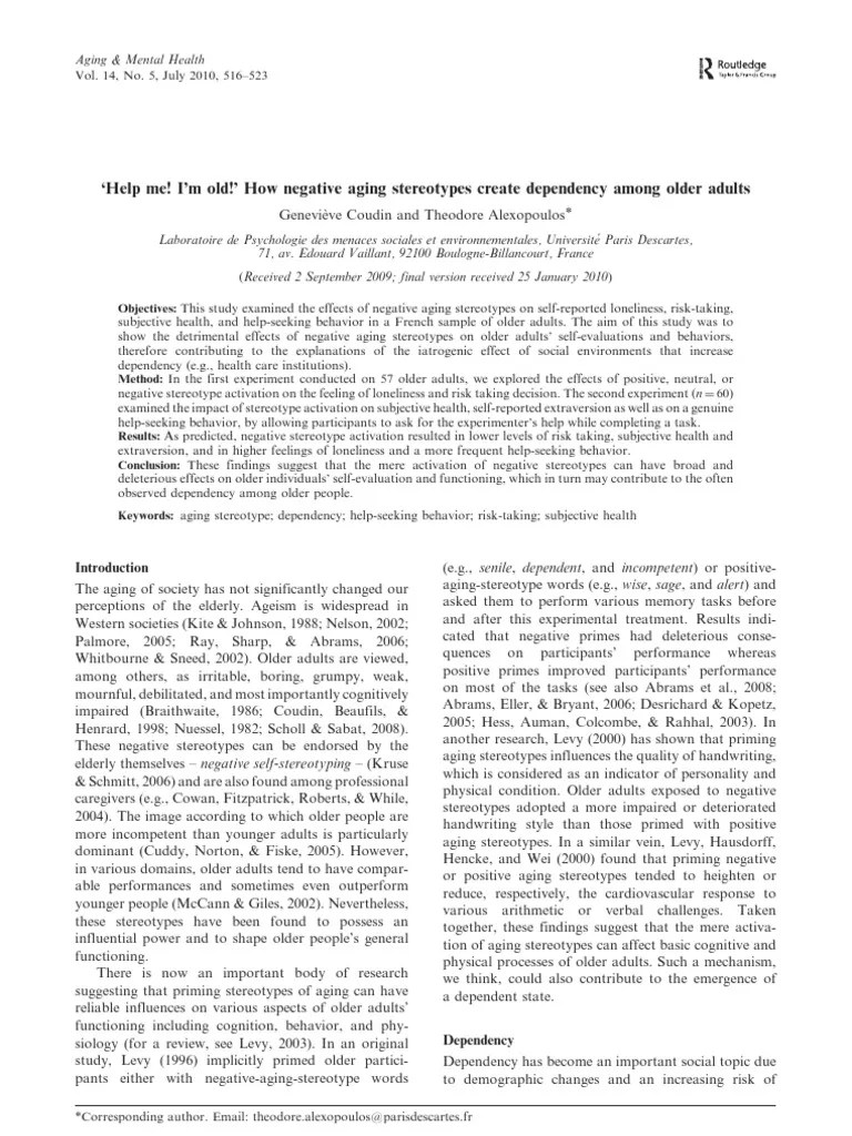 Help Me! I'm Old!' How Negative Aging Stereotypes Create Dependency Among Older Adults | PDF ...