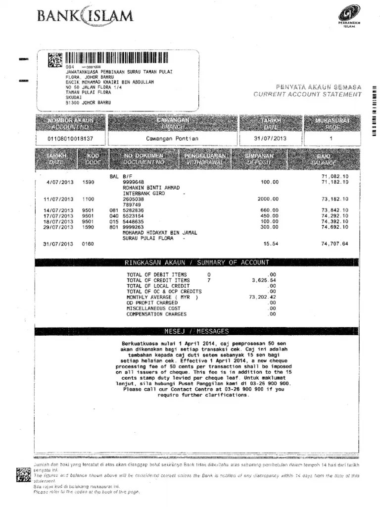 Penyata bank adalah ringkasan semua transaksi kewangan dalam akaun tertentu. Penyata Bank Islam 31 Julai 2013 Pdf