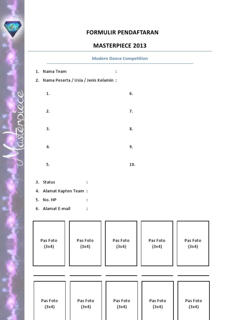 Form Pendaftaran Lomba Dance Pdf 0 menganggap dokumen ini bermanfaat Tandai dokumen ini sebagai bermanfaat.