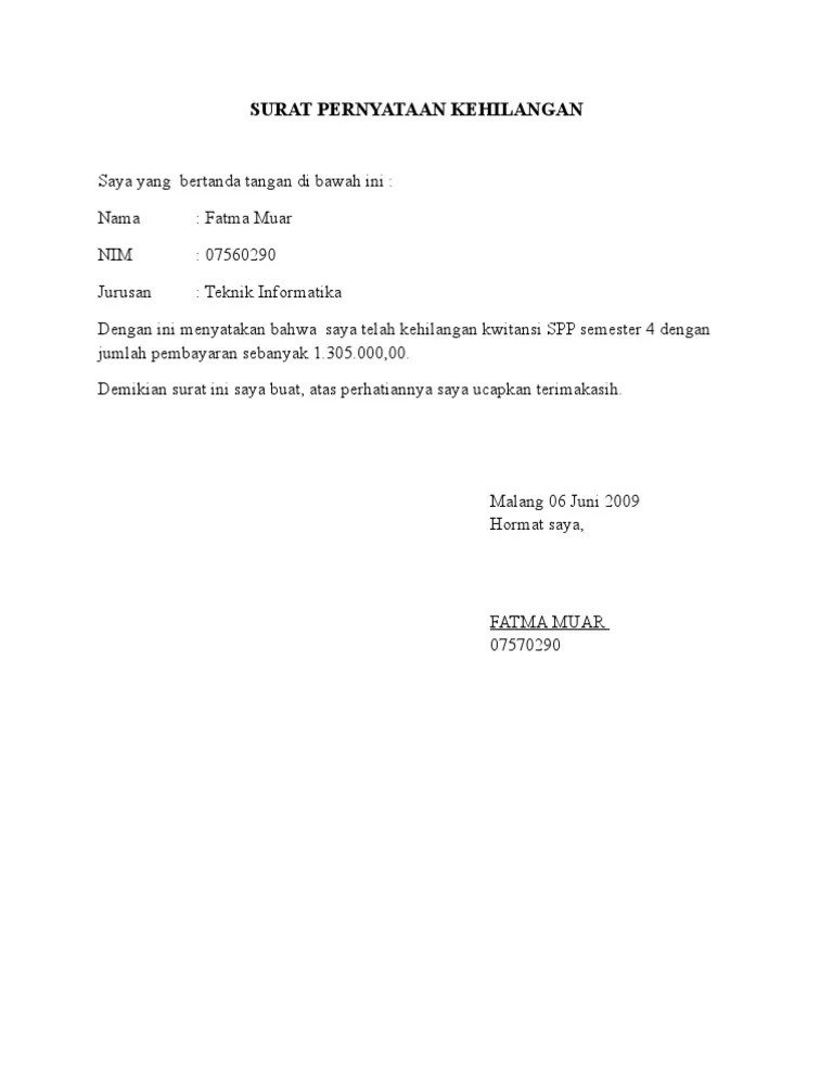 Contoh Surat Pernyataan Nota Hilang Contoh Surat 