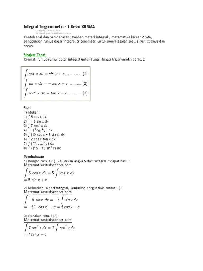 Un matematika sma program ipa p37 tahun 2010pembahasaningat dua rumus trigonometri berikut. Integral Trigonometri Pdf