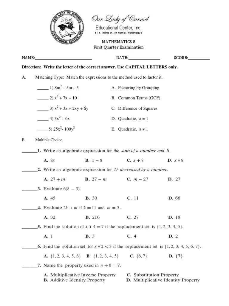1st quarter exam math 8