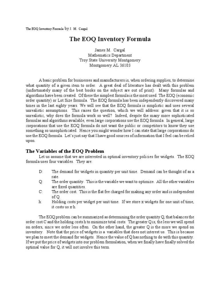 The Eoq Formula Spreadsheet Quadratic Equation
