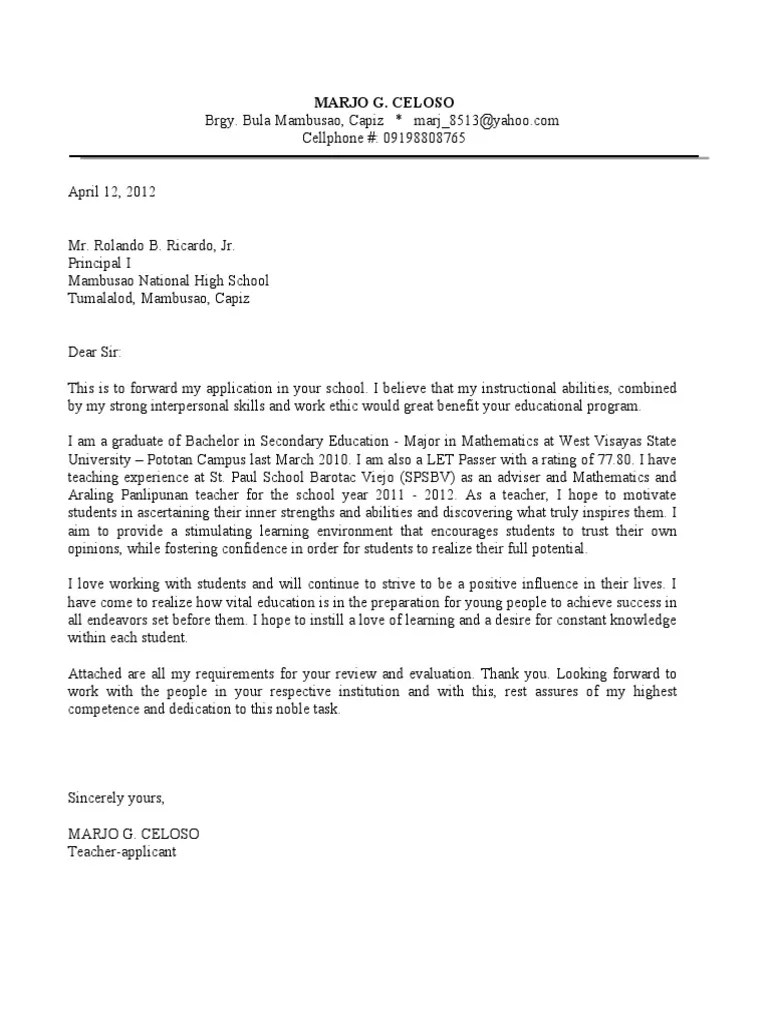 Application letter sample for teaching position. Application Letter for teacher.