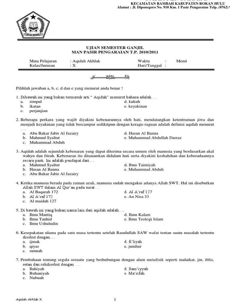 Soal Aqidah Akhlak Kelas X | PDF