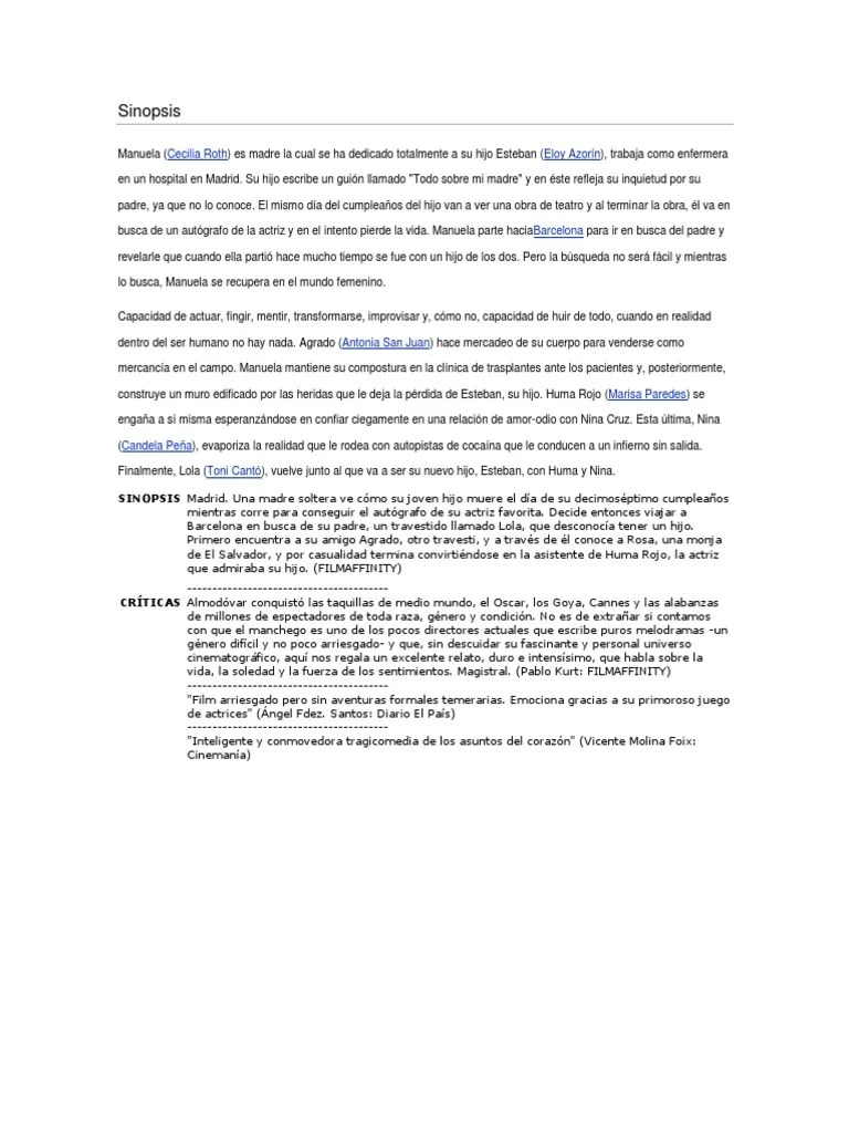 Sinopsis-Todo Sobre Mi Madre | PDF | Amor | Felicidad