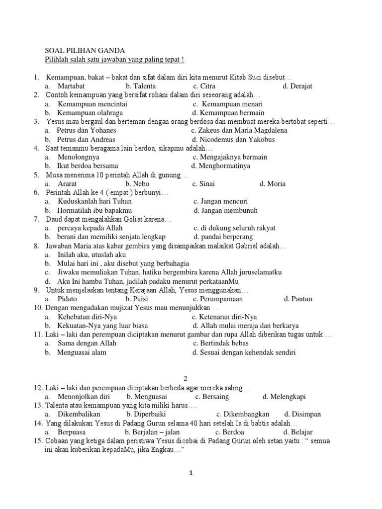Artikel ini menyediakan soal uts agama katolik (pendidikan agama katolik/pak) kelas 12 ini dalam berjumlah 50butir soal dan kunci jawaban yang dilampirkan . Soal Agama Katolik Kelas 12 Semester 1 Beserta Jawabannya
