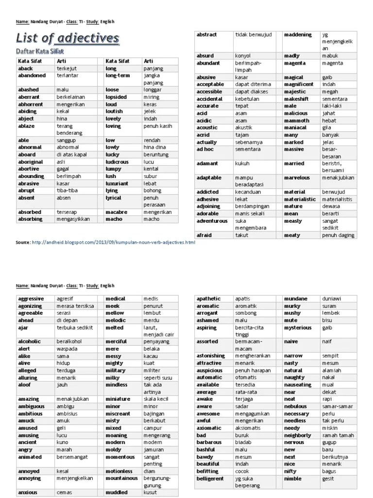 Kumpulan Noun Verb Adjectives Lengkap - Dhe Code | PDF