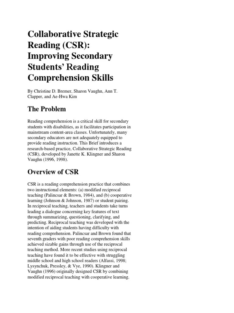 Collaborative Strategic Reading | PDF | Reading Comprehension | Reading (Process)