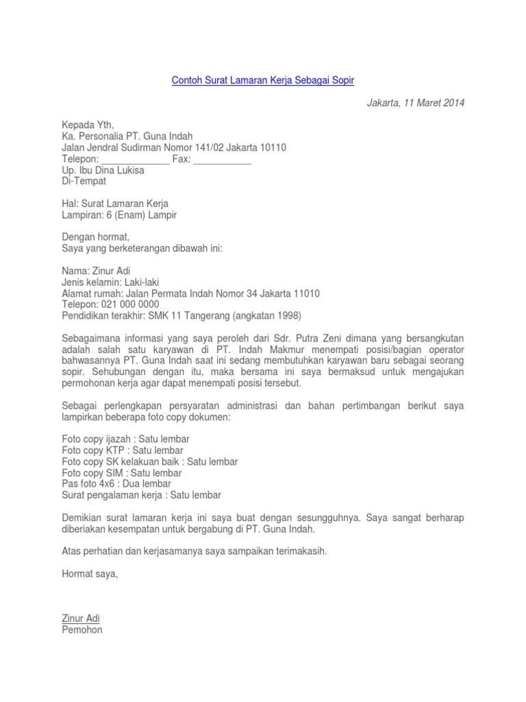 Berdasarkan informasi yang saya dapatkan di situs loker.id, bahwa ada info lowongan pekerjaan dengan posisi sopir di . Contoh Surat Lamaran Kerja Sebagai Sopir Pdf