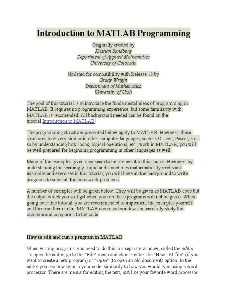 Introduction To MATLAB Programming | PDF | Summation | Matlab