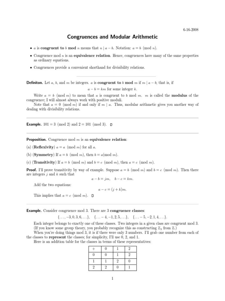 Congruences And Modular Arithmetic | PDF | Division (Mathematics ...