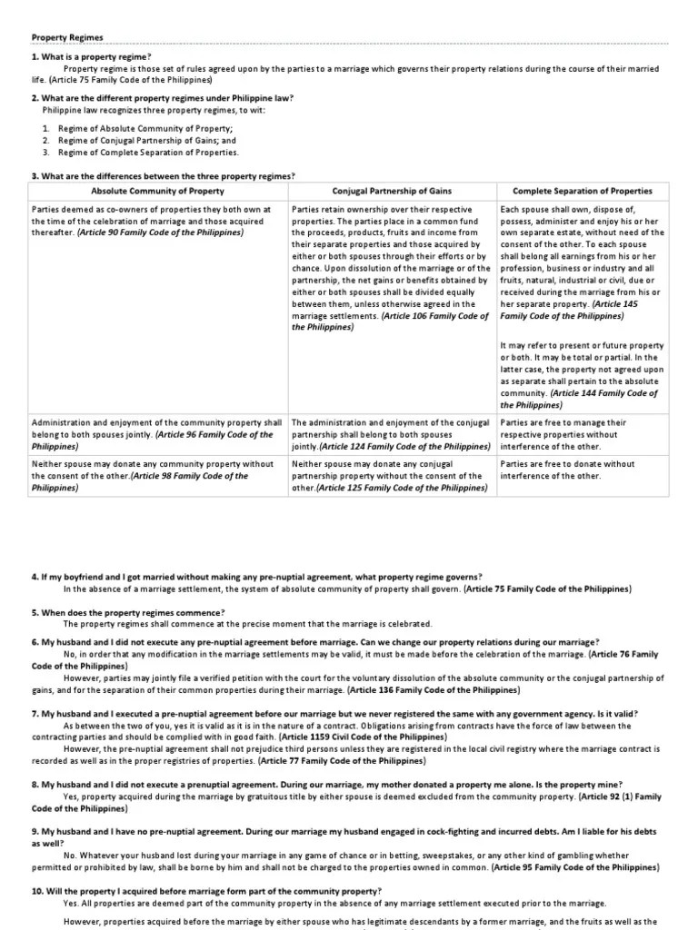 Property Regimes | PDF | Marriage | Community Property